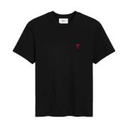 Zwart T-shirt met Rood Geborduurd Logo Ami Paris , Black , Dames