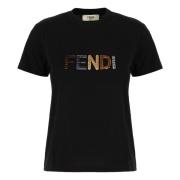 Zwart Crew Neck Logo T-shirt Fendi , Black , Dames