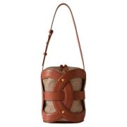 Middelgrote Leren Bucket Bag met Weefsel Borbonese , Brown , Dames