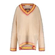 Mohair Mix Geribbelde V-hals Trui Marni , Yellow , Dames