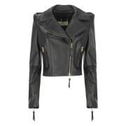 Zwarte leren jas met ritssluiting zakken Elisabetta Franchi , Black , ...