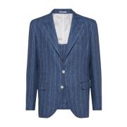 Blauwe Reversknoop Blazer Jas Brunello Cucinelli , Blue , Heren