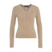 Beige Kabel Gebreide V-Hals Trui Polo Ralph Lauren , Beige , Dames