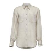 Elegant Button-Up Shirt met Borduurwerk Brunello Cucinelli , Beige , D...