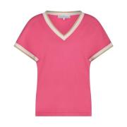 Roze V-hals Shirt met Gekleurde Rand Red Button , Pink , Dames