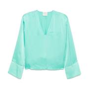 Blauw-Groene V-Hals Top met Wijde Mouwen Forte Forte , Green , Dames