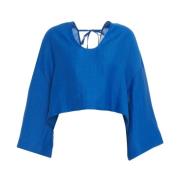 Blauwe Linnen Blouse Met Ruches Kaos , Blue , Dames