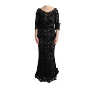 Elegante Zwarte Maxi Jurk met Bloemenapplicatie Dolce & Gabbana , Blac...