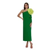 Asymmetrische Groene Crepe Midi Jurk met Bloemdetail Moskada , Green ,...