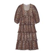 Luipaard Midi Jurk met Rouches Detail Ganni , Brown , Dames