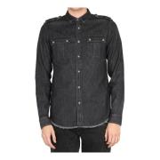 Denim Shirt met Franje Afwerking Balmain , Black , Heren