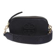 Zwarte leren schoudertas met reliëflogo Tory Burch , Black , Dames