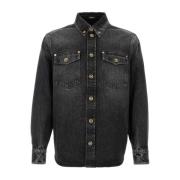 Stijlvol Zwart Denim Overhemd Versace , Black , Heren