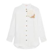 Linnen Shirt met Broche Oltre , White , Dames