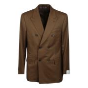 Bruine Wol Double-Breasted Peak Lapel Jas Caruso , Brown , Heren