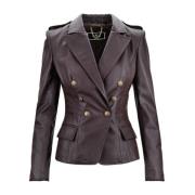 Double-breasted leren blazer met gouden knopen Elisabetta Franchi , Br...