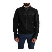 Zwarte Leren Bomberjack met Rand Dolce & Gabbana , Black , Heren