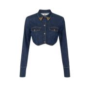 Blauwe Denim Cropped Shirt met Juweel Details Elisabetta Franchi , Blu...