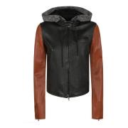 Zwarte leren jas met grijze capuchon Diesel , Black , Dames