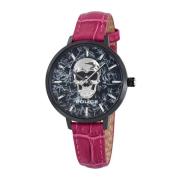 Skull Watch Zwart Leer Roze Wijzerplaat Police , Black , Dames