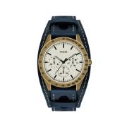 Blauw Leren Analoge Quartz Horloge Guess , Blue , Heren