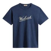 Blauwe Crew Neck Bedrukt Logo T-shirts Woolrich , Blue , Heren