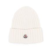 Ivoorwitte Geribbelde Gebreide Beanie Muts Moncler , White , Unisex