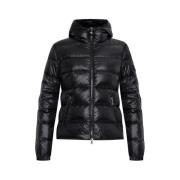 Zwarte gewatteerde jas met capuchon en rits Moncler , Black , Dames