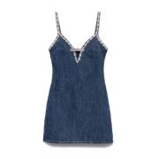 Denim Korte Jurk met Kristaldecoratie Self Portrait , Blue , Dames