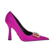 Suède leren mocassin met hak in fuchsia satijn Versace , Pink , Dames