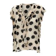 Polka Dot V-hals Blouse Kaos , Beige , Dames