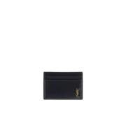 Kalfsleren Kaarthouder met Messing Logo Saint Laurent , Black , Heren