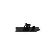 Zwarte Leren Band Slide Slippers Liu Jo , Black , Dames