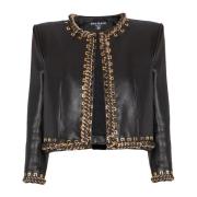 Lamsleren jas met kettingafwerking Balmain , Black , Dames