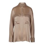 Satijnen Blouse met Puntkraag Semicouture , Beige , Dames