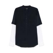 Navy Blue Layered Band Collar Shirt Giorgio Armani , Blue , Heren