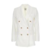 Witte Linnen Double-breasted Blazer Plain Units , White , Dames