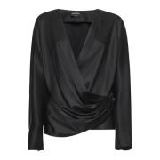 Zijden V-Hals Gedrapeerde Top Zwart Giorgio Armani , Black , Dames