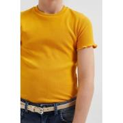 WE Fashion ribgebreid T-shirt met borduursels oker geel Meisjes Katoen...