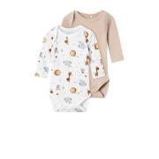 NAME IT BABY romper NBNBODY - set van 2 beige/wit Jongens Katoen Ronde...