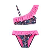 WE Fashion one shoulder bikini met ruches donkerblauw/roze Meisjes Pol...