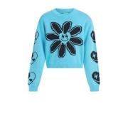 Shoeby trui met all over print turquoise Blauw Meisjes Katoen Ronde ha...