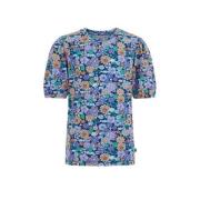 WE Fashion gebloemd T-shirt blauw Meisjes Katoen Ronde hals Bloemen - ...