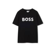 BOSS T-shirt met logo zwart Jongens Katoen Ronde hals Logo - 152