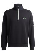 katoenen Boss green sweater half zip effen zwart