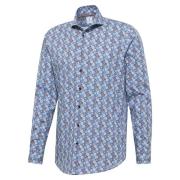 Blue Industry Overhemd poplin stretch, blauw bruin motief geprint